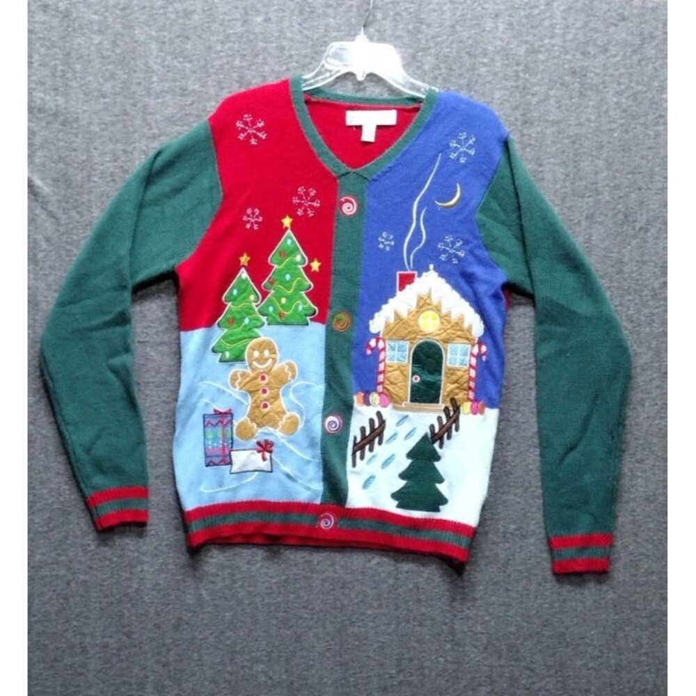 Jolly Ugly Sweater Unisex Med. Christmas Holiday V Neck Gingerbread House Snow